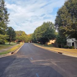 Fresh paved road on tree lined street.